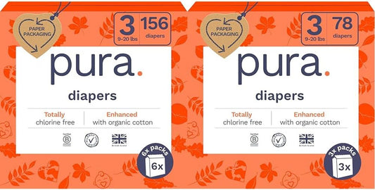 Pura Sensitive Skin Baby Diapers | Size 3 (9-20 Lbs) | Bulk, Hypoallergenic, Totally Chlorine Free, Fragrance Free, | 9 Packs of 26 (234 Diapers)
