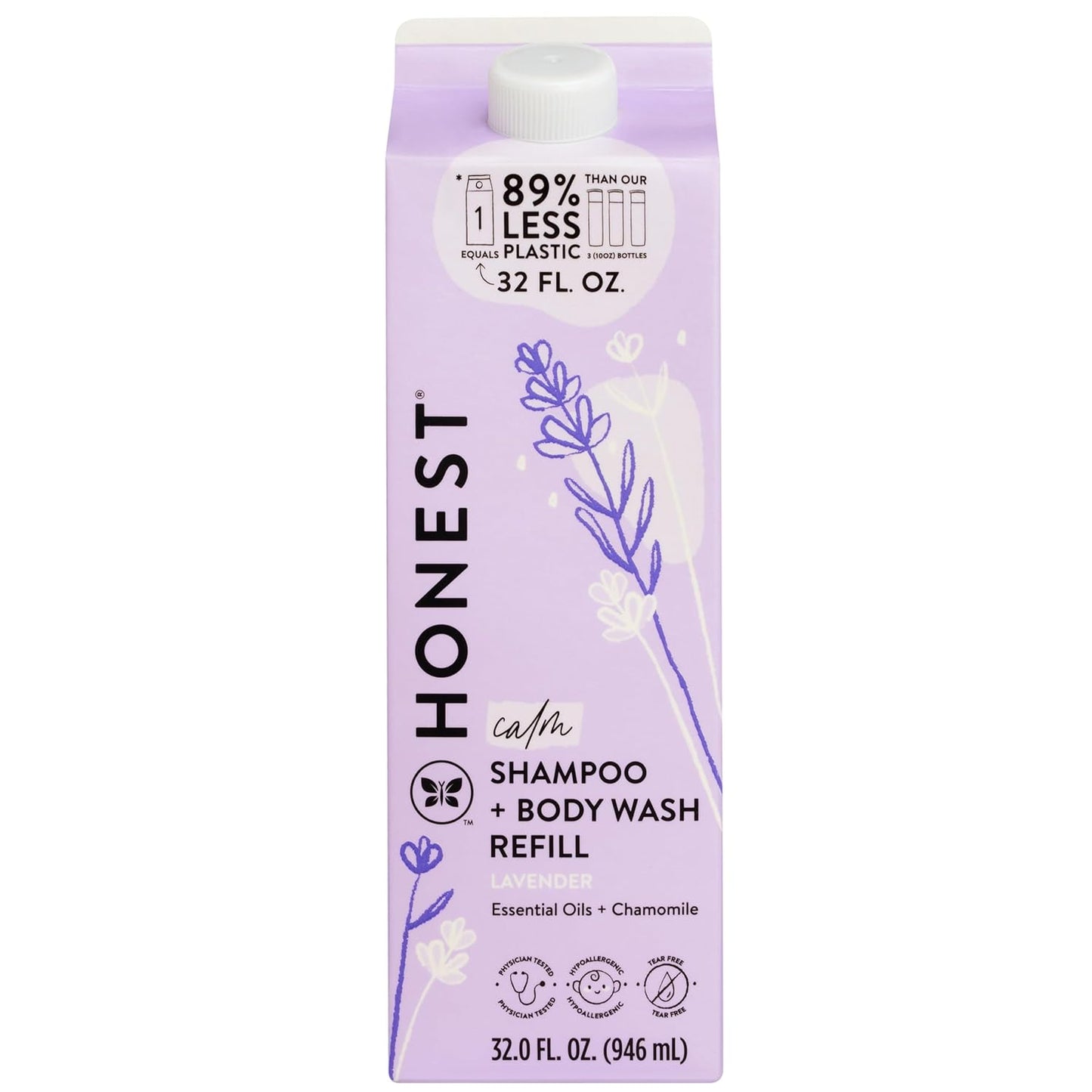 The Honest Company 2-In-1 Cleansing Shampoo Body Wash Refill Carton Gentle for Baby, Naturally Derived, Tear-Free, Hypoallergenic, Lavender Calm, 32 Fl Oz (Pack of 6)
