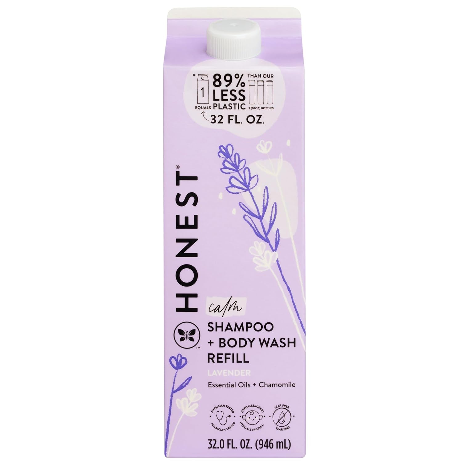 The Honest Company 2-In-1 Cleansing Shampoo Body Wash Refill Carton Gentle for Baby, Naturally Derived, Tear-Free, Hypoallergenic, Lavender Calm, 32 Fl Oz (Pack of 6)