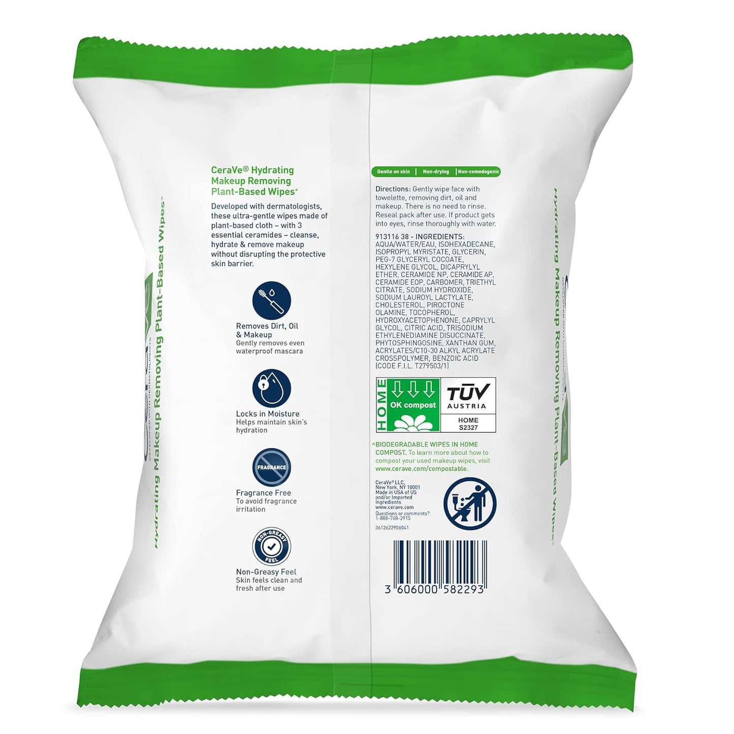 CeraVe plant-based makeup remover wipes packaging with directions and ingredient details for sensitive skin.