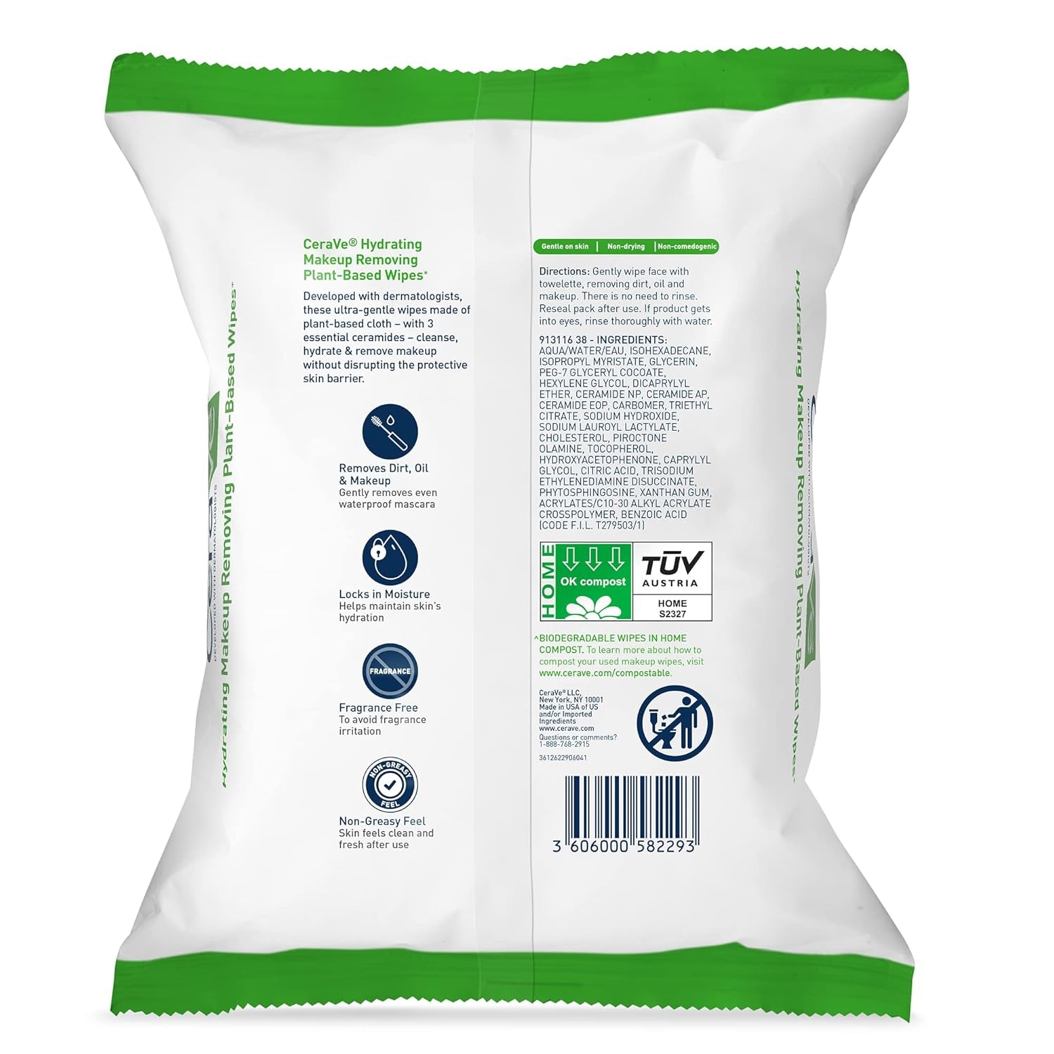 CeraVe plant-based makeup remover wipes packaging with directions and ingredient details for sensitive skin.