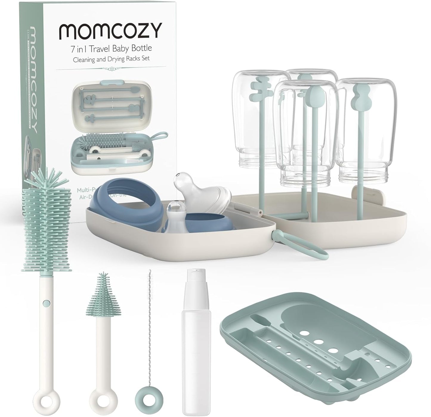 Momcozy 7-In-1 Baby Bottle Cleaner Kit with Silicone, Nipple & Straw Brushes, Soap Dispenser and Drying Rack - Portable Cleaning Tool for Home and Travel, Pink