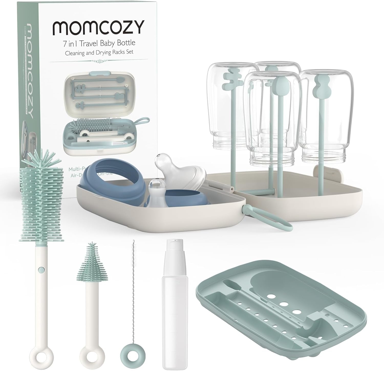 Momcozy 7-In-1 Baby Bottle Cleaner Kit with Silicone, Nipple & Straw Brushes, Soap Dispenser and Drying Rack - Portable Cleaning Tool for Home and Travel, Pink