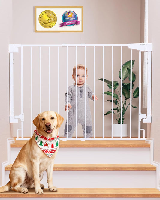 Cumbor 29.2–43" Baby Gate for Stairs, Hardware Mounted (Drill Required), Expandable No Bottom Bar Dog Gate, Auto Close Extra Wide Walk Thru, Pet & Toddler Proof Gate, Top & Bottom of Stairways (White)