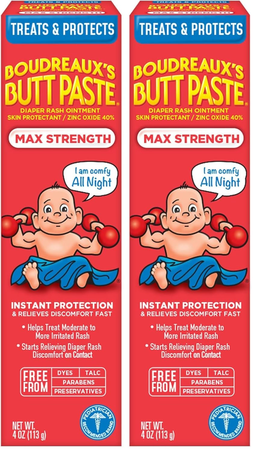 Boudreaux’S Butt Paste Max Strength Diaper Rash Cream for Baby, Ointment with Zinc Oxide, 4 Ounce Tube (Pack of 2)