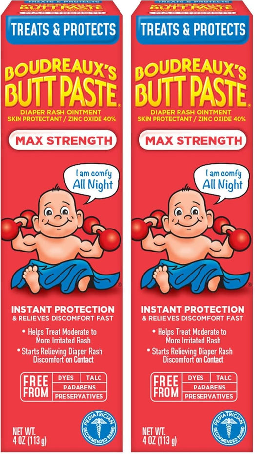 Boudreaux’S Butt Paste Max Strength Diaper Rash Cream for Baby, Ointment with Zinc Oxide, 4 Ounce Tube (Pack of 2)
