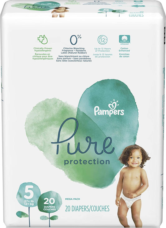 Diapers Size 5, 20 Count - Pampers Pure Protection Disposable Baby Diapers, Hypoallergenic and Unscented Protection, Mega Pack (Old Version)