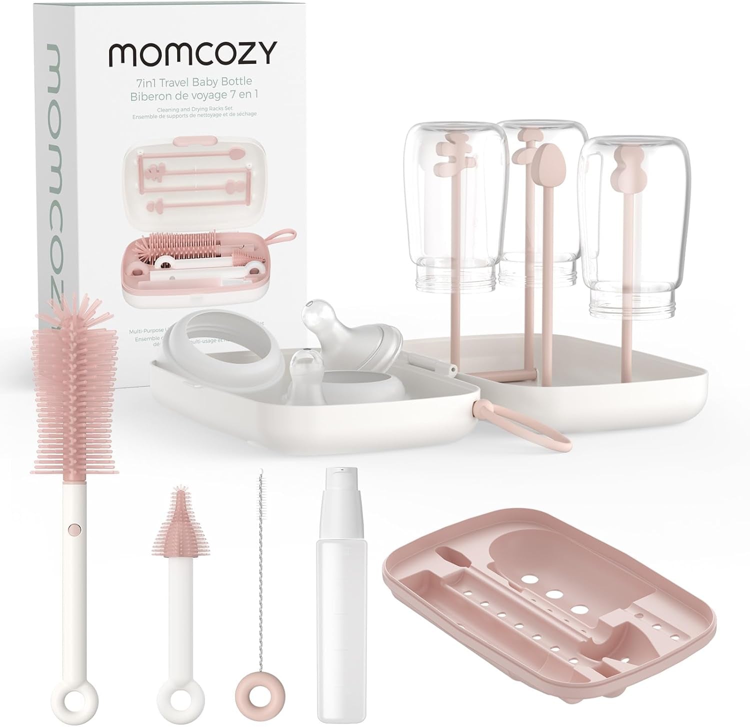 Momcozy 7-In-1 Baby Bottle Cleaner Kit with Silicone, Nipple & Straw Brushes, Soap Dispenser and Drying Rack - Portable Cleaning Tool for Home and Travel, Pink