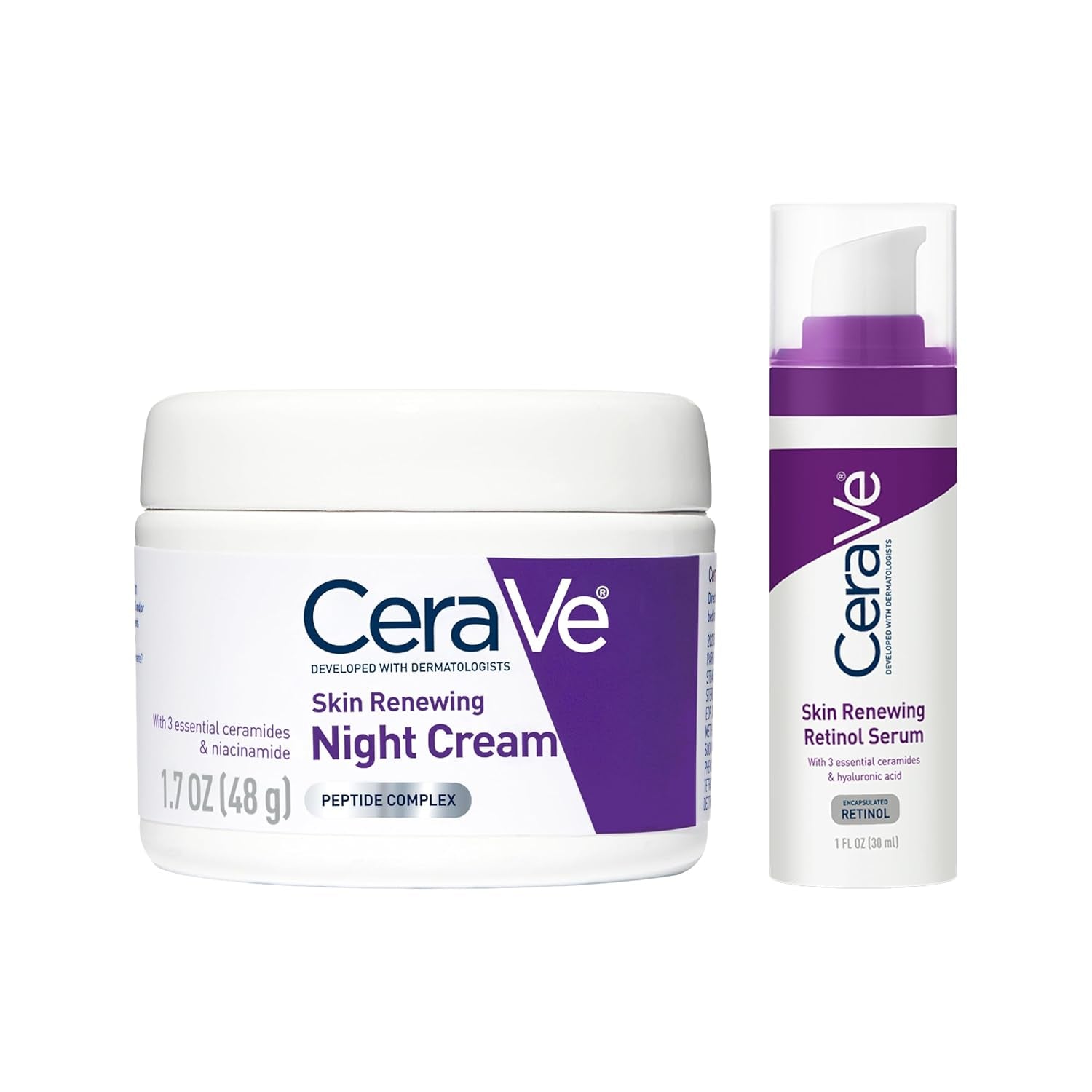 CeraVe Skin Renewing Night Cream 1.7oz and Anti Aging Retinol Serum 1oz duo for skincare routine.