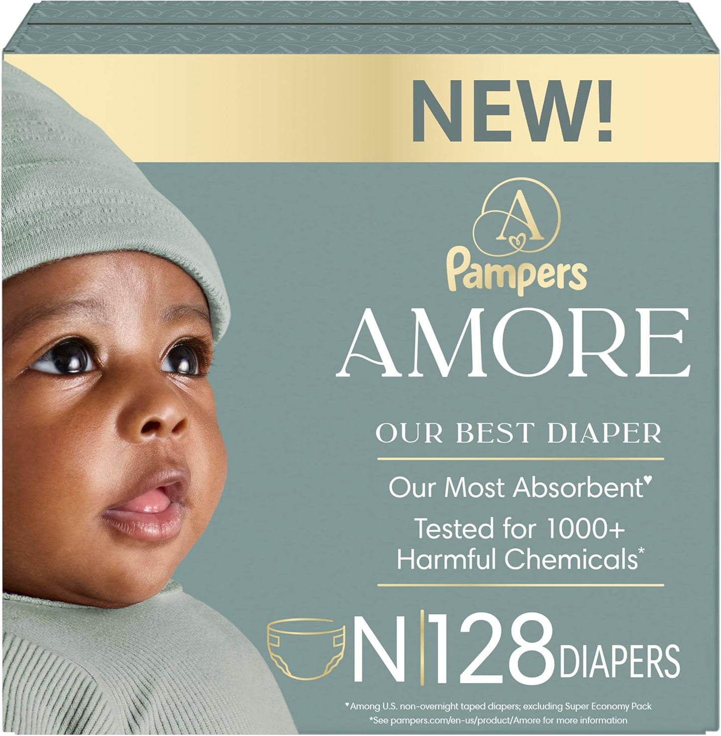 Pampers Amore, Size 0 (Up to 10 Lbs), 128 Count, Our Best Diaper – Hypoallergenic & Fragrance Free, up to 100% Leakproof, Soft as Cashmere