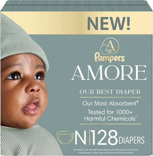 Pampers Amore, Size 0 (Up to 10 Lbs), 128 Count, Our Best Diaper – Hypoallergenic & Fragrance Free, up to 100% Leakproof, Soft as Cashmere