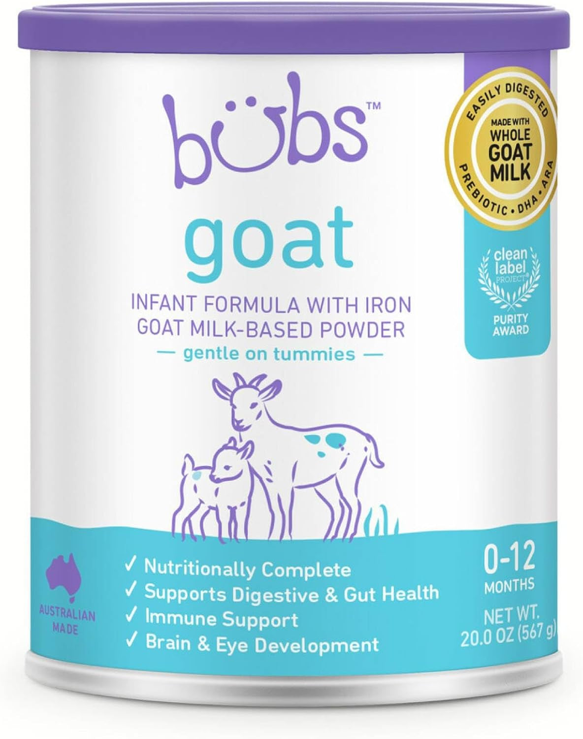 Bubs Whole Goat Milk Formula with Iron, Goat Milk-Based Powder, for Infants 0-12 Months, Made with Non-Gmo Goat Milk, 20 Oz