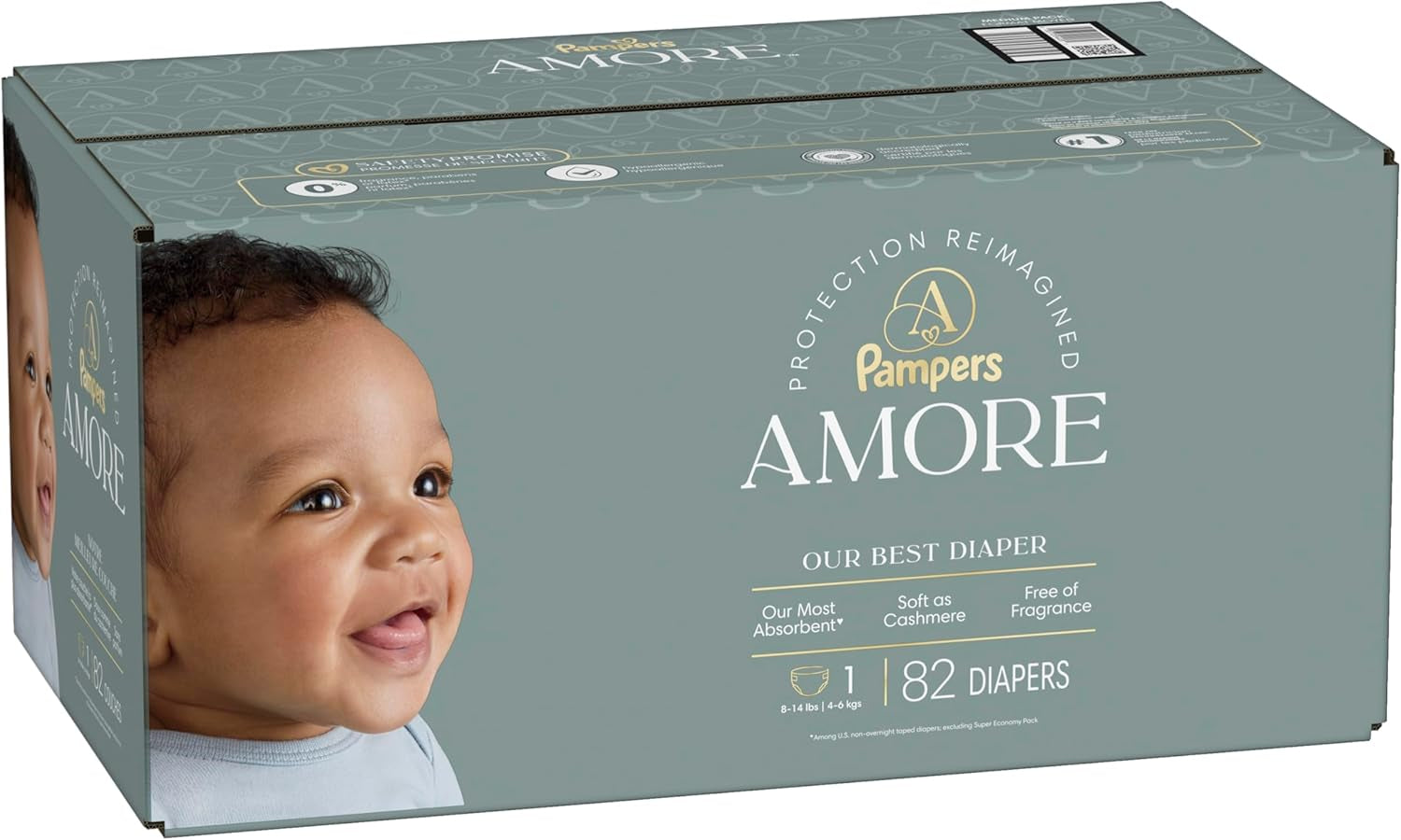 Pampers Amore, Size 1 (8-14 Lbs), 82 Count, Our Best Diaper – Hypoallergenic & Fragrance Free, up to 100% Leakproof, Soft as Cashmere