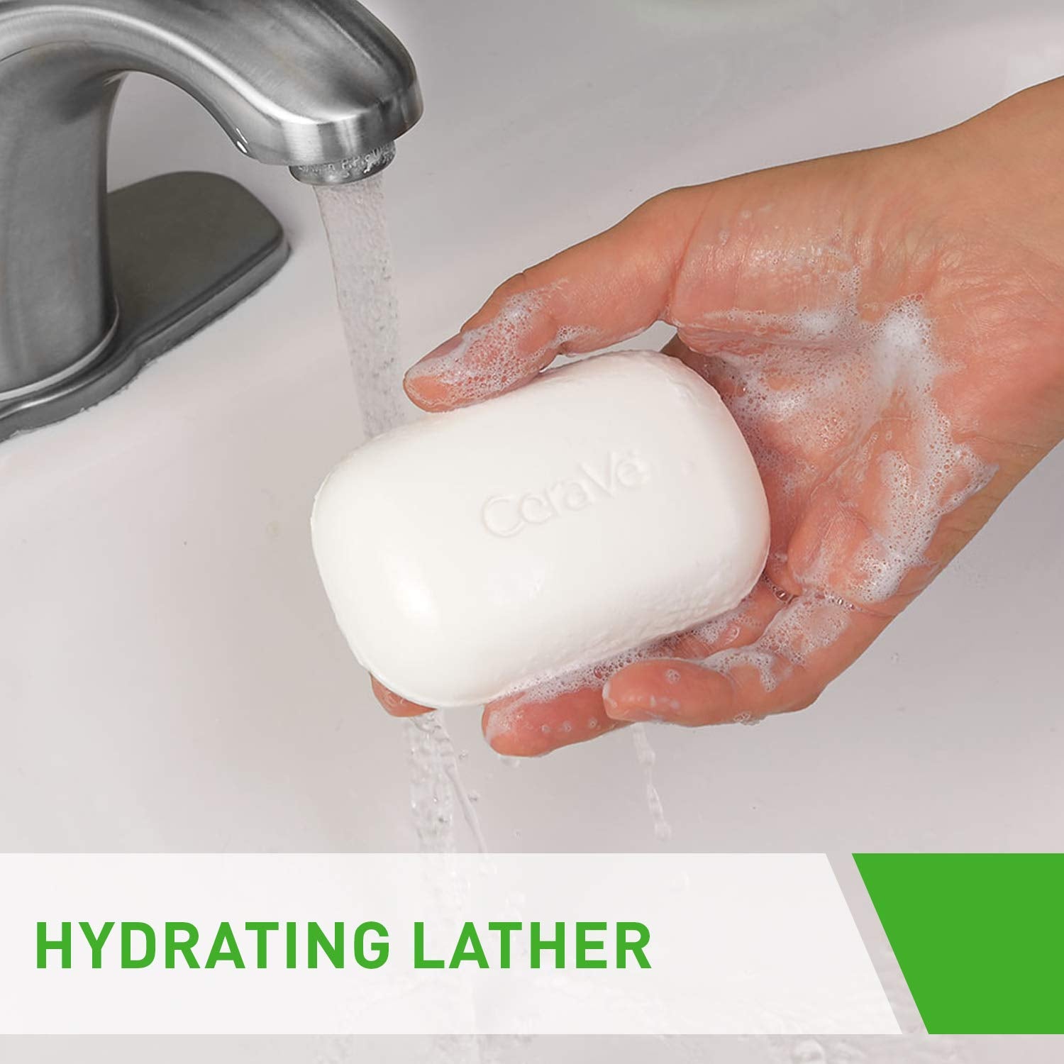 CeraVe hydrating cleanser bar soap held under water, producing a hydrating lather, showing its cleansing properties.