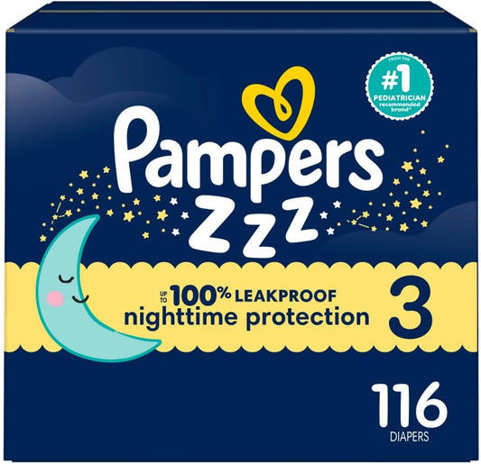 Pampers ZZZ Overnight Diapers, Size 3 (16-28 Lbs), 116 Count, Nighttime Protection Disposable Baby Diaper, Night Time Leak and Skin Protection