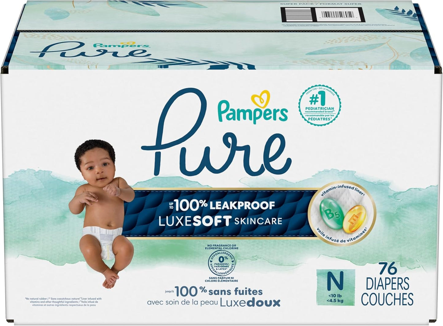 Pampers Pure Baby Diapers, Size 0 (>10 Lbs), 76, up to 100% Leakproof, Premium Hypoallergenic Soft Diapers