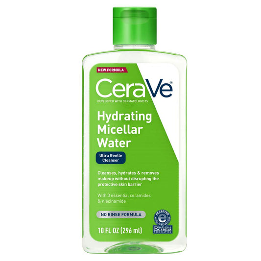 CeraVe micellar water cleanser bottle with green label, 10 oz, designed to cleanse and hydrate skin without rinsing.