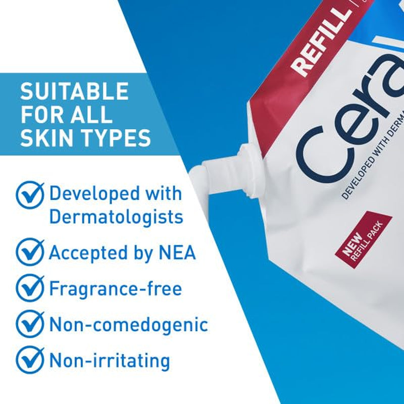 CeraVe moisturizing cream refill pouch highlighting suitability for all skin types and dermatologist development.