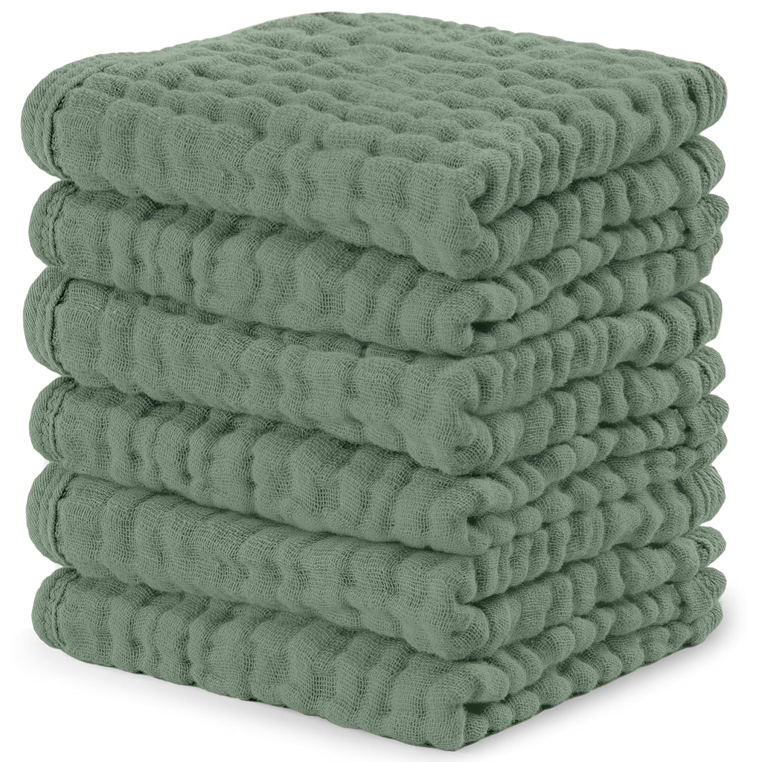Comfy Cubs Muslin Baby Washcloths 6 Pack - Soft 6-Layer Cotton Wash Cloths for Sensitive Skin - 10"X10" Large, Gentle, Absorbent Infant Essentials for Newborn and Toddlers - Fern