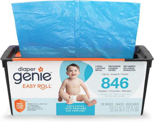 Diaper Genie Easy Roll Refill | 18 Bags per Refill | Holds up to 846 Newborn Diapers | Odor Control | Diaper Pail Refill Bags | Fits Diaper Genie Signature & Platinum Pails, Packaging May Vary