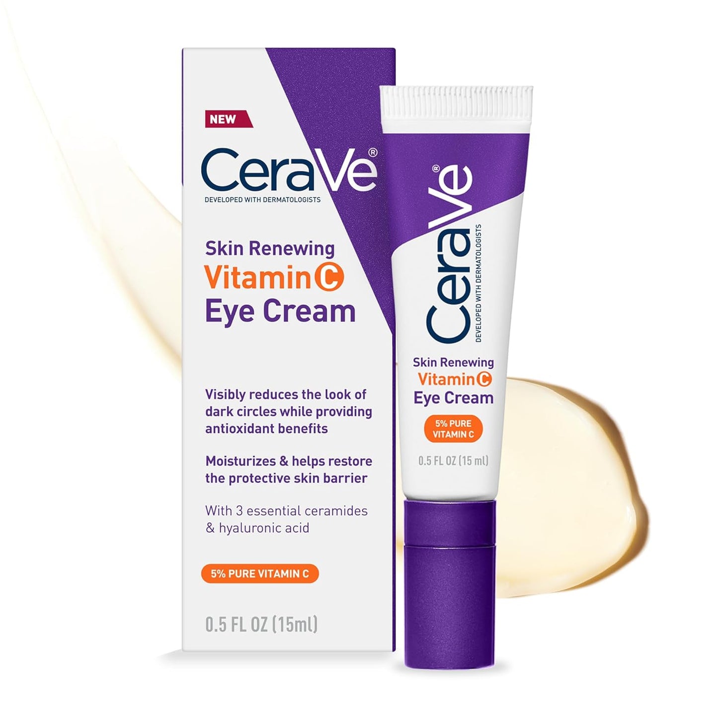 CeraVe Vitamin C Eye Cream for Dark Circles 0.5 oz with pure vitamin C and hyaluronic acid for puffiness reduction.