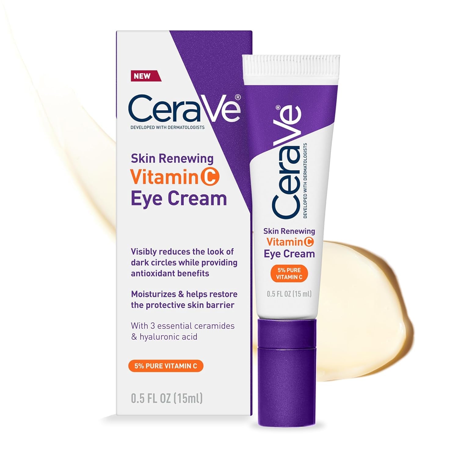 CeraVe Vitamin C Eye Cream for Dark Circles 0.5 oz with pure vitamin C and hyaluronic acid for puffiness reduction.