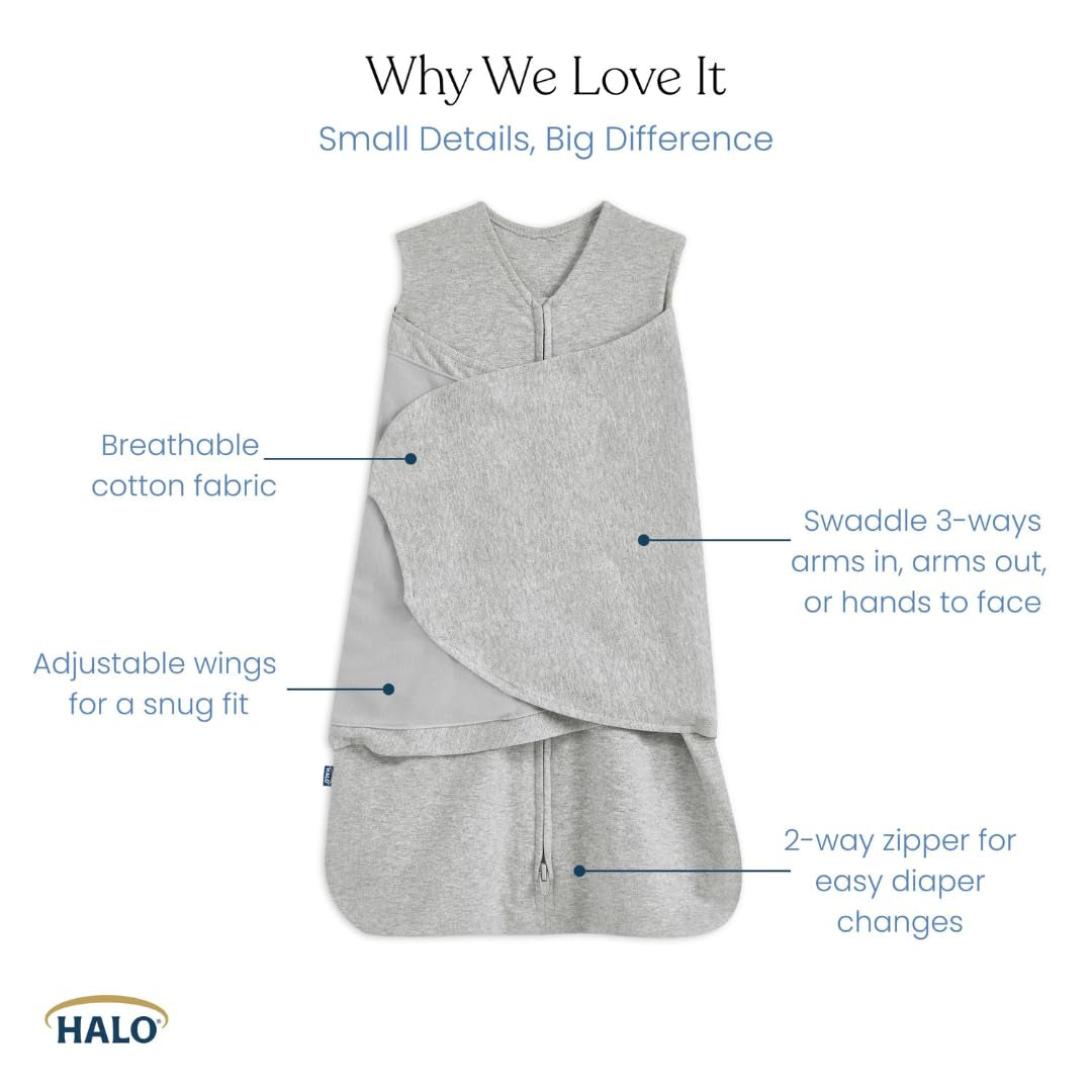 HALO 100% Cotton Sleepsack Swaddle, 3-Way Adjustable Wearable Blanket, TOG 1.5, Soft Pink, Newborn, 0-3 Months