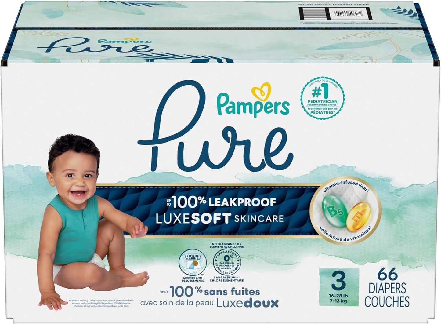 Pampers Pure Baby Diapers, Size 3 (16-28 Lbs), 66, up to 100% Leakproof, Premium Hypoallergenic Soft Diapers
