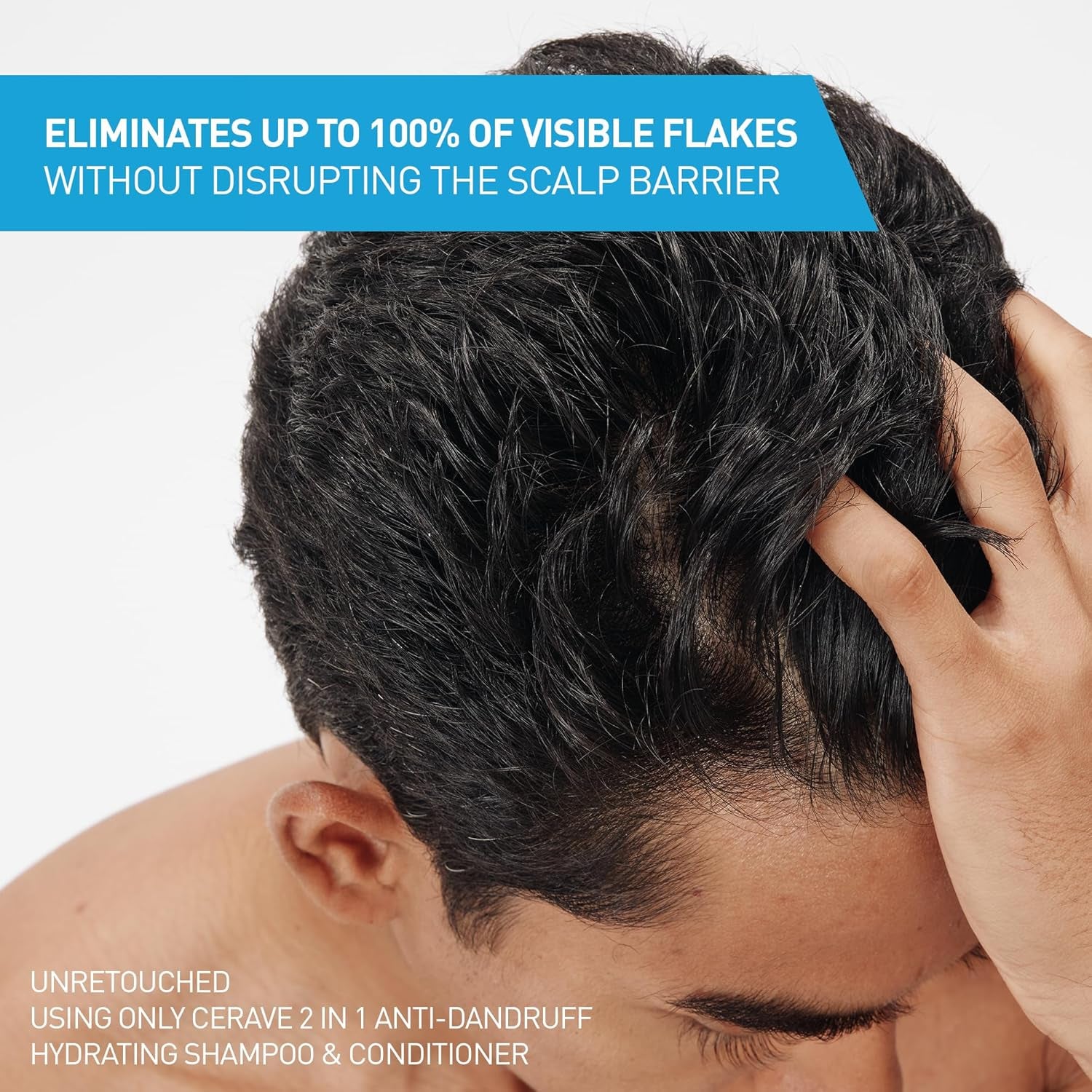 Person using CeraVe anti dandruff shampoo and conditioner to eliminate dandruff effectively.