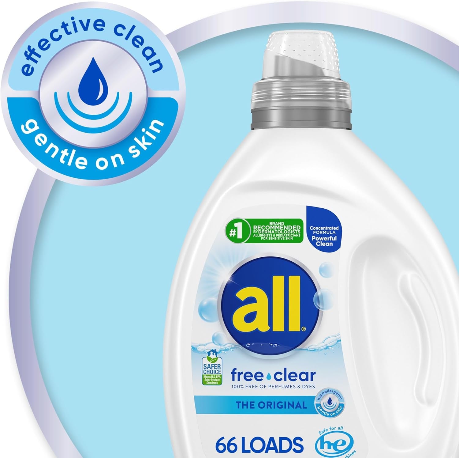 Free Clear, Original, Liquid Laundry Detergent for Sensitive Skin, Unscented and Hypoergenic, Concentrated, 50Oz, 66 Loads