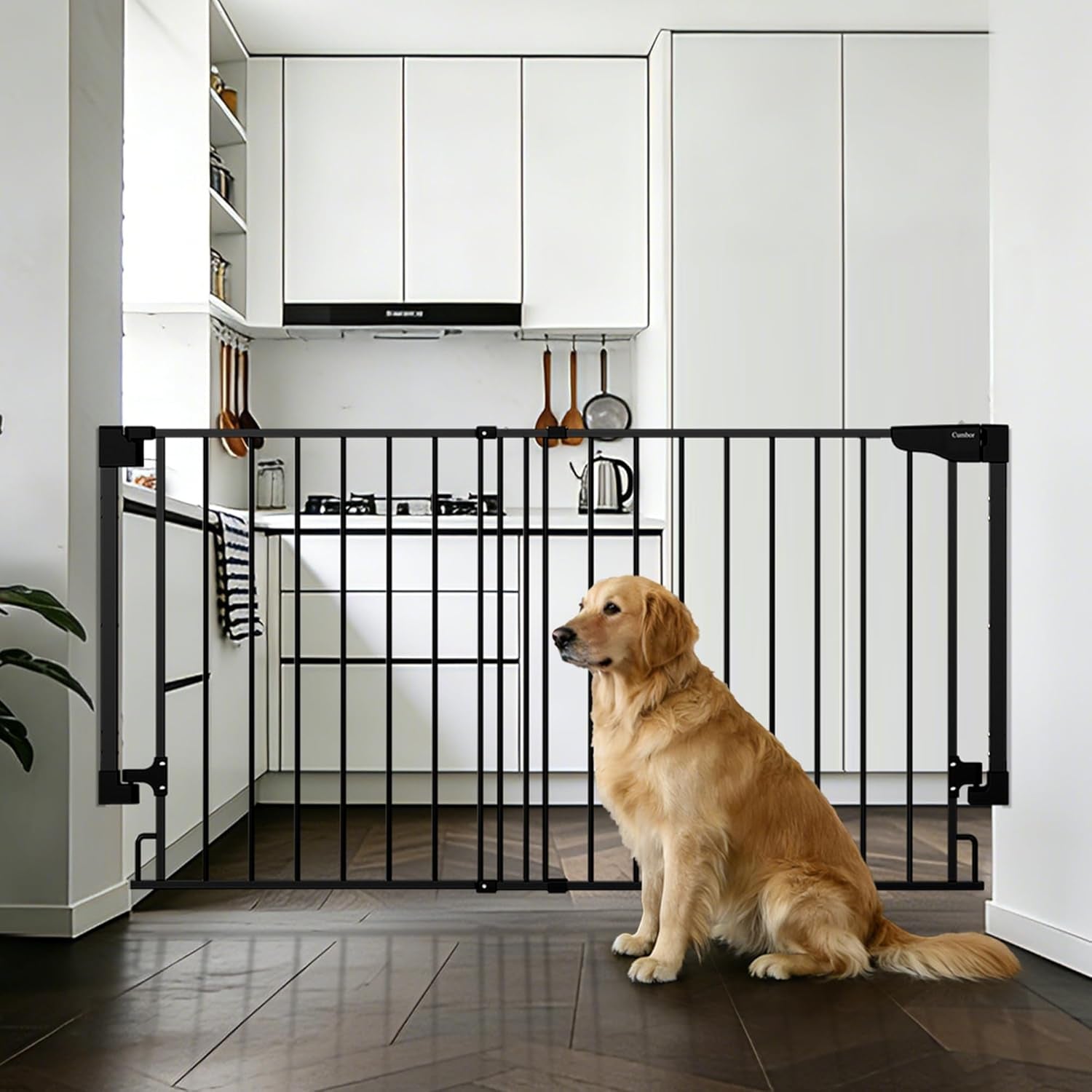 Cumbor 35.1–55" No Bottom Bar Baby Gate for Stairs, 2-In-1 Auto Close Dog Gate Indoor, Hardware Mounted Wide Pet Gate for Doorways with Large Walk Thru Door, Child-Proof Safety Gate for Kids (Black)