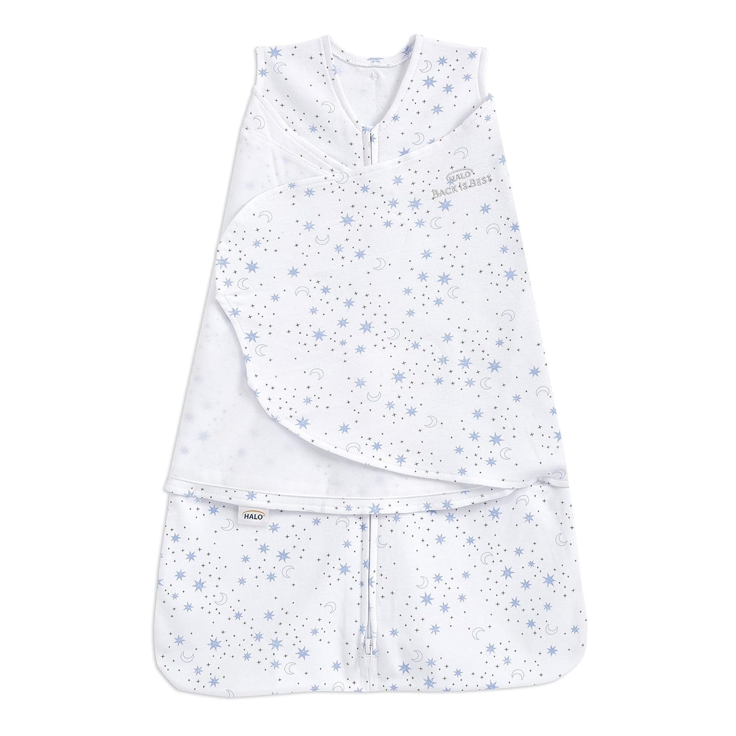 HALO 100% Cotton Sleepsack Swaddle, 3-Way Adjustable Wearable Blanket, TOG 1.5, Midnight Moons Blue, Small, 3-6 Months