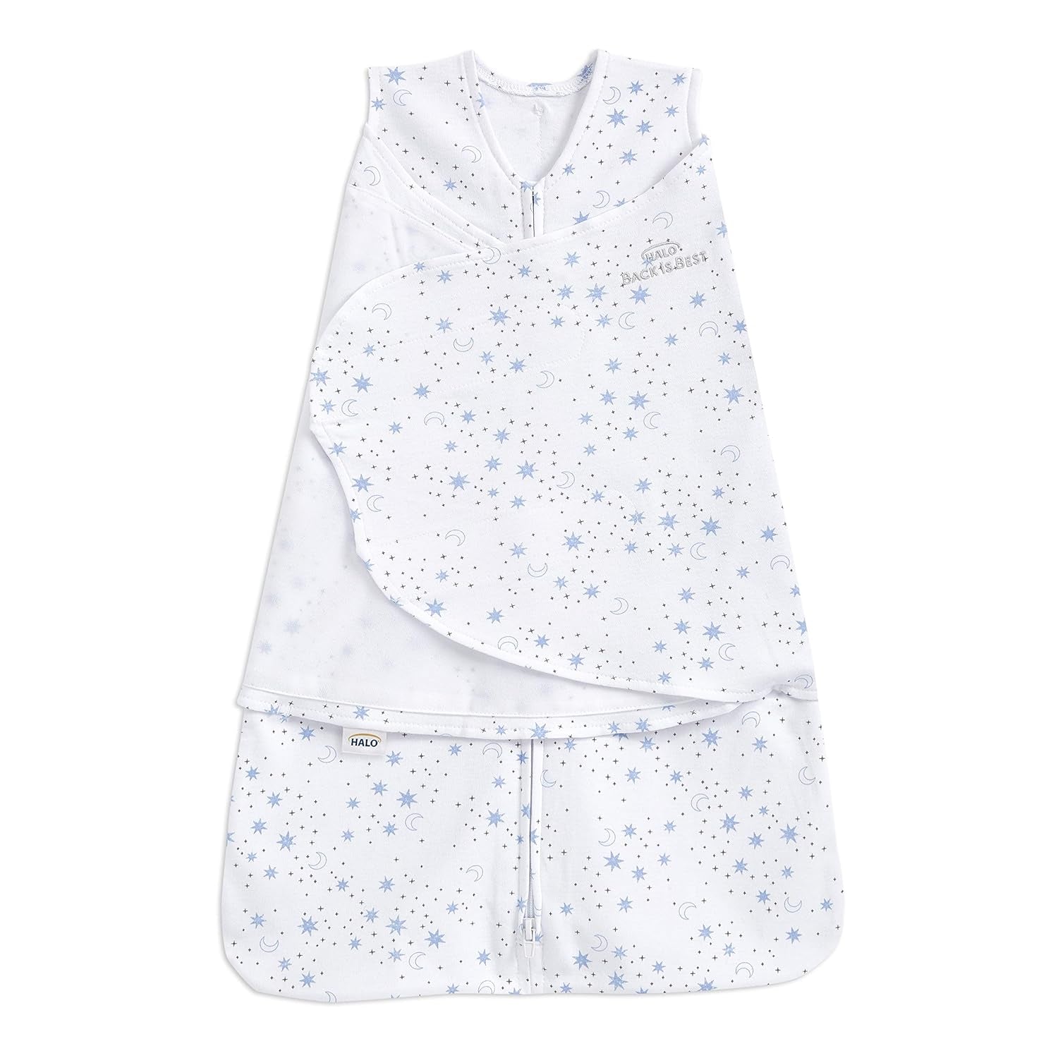HALO 100% Cotton Sleepsack Swaddle, 3-Way Adjustable Wearable Blanket, TOG 1.5, Midnight Moons Blue, Small, 3-6 Months