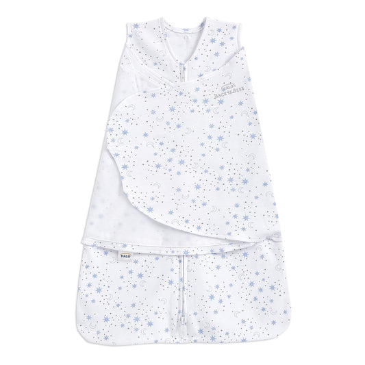 HALO 100% Cotton Sleepsack Swaddle, 3-Way Adjustable Wearable Blanket, TOG 1.5, Midnight Moons Blue, Small, 3-6 Months