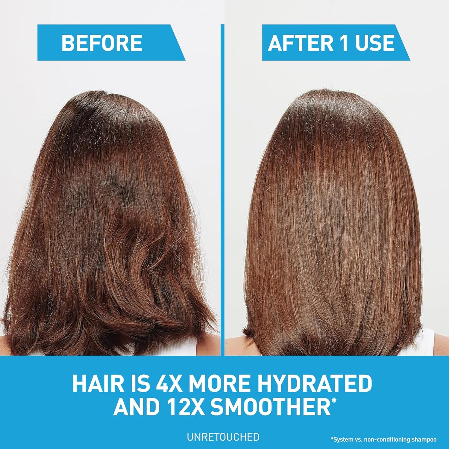 CeraVe anti dandruff shampoo results showing hair before and after 1 use, demonstrating smoothness and hydration