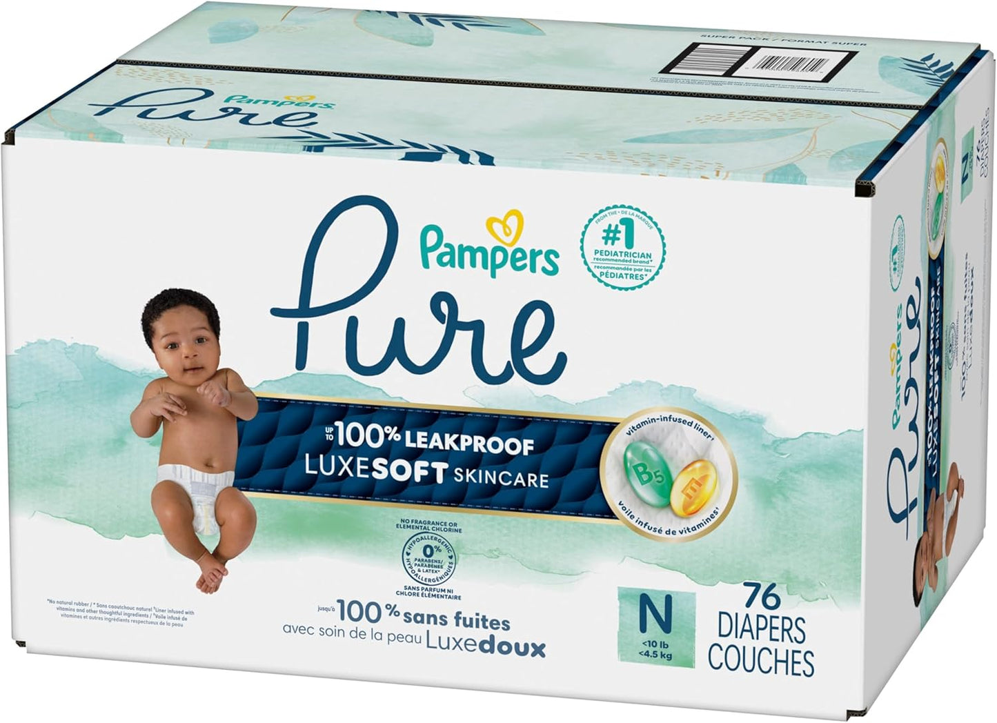 Pampers Pure Baby Diapers, Size 0 (>10 Lbs), 76, up to 100% Leakproof, Premium Hypoallergenic Soft Diapers
