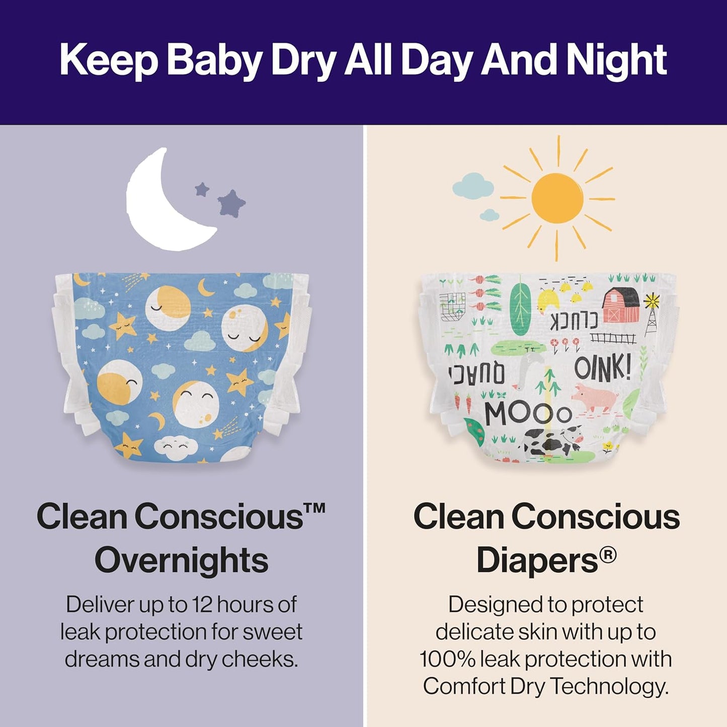 The Honest Company Comfort Dry Overnight Diapers, up to 12 Hours Protection, Hypoallergenic, Fragrance-Free, Cozy Cloud + Star Signs, Club Box Size 6 (35+ Lbs), 34 Count
