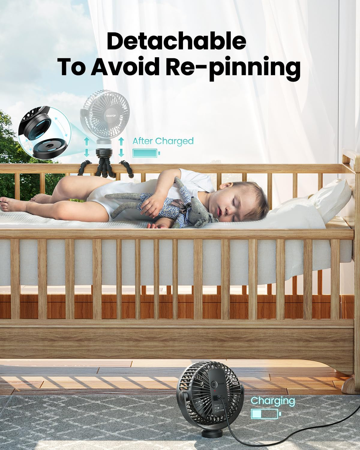Gaiatop Mini Portable Stroller Fan, Battery Operated Small Clip On, Detachable 3 Speed Rechargeable, 360° Rotate Flexible Tripod Better Cooling for Car Seat Crib Treadmill Travel Black