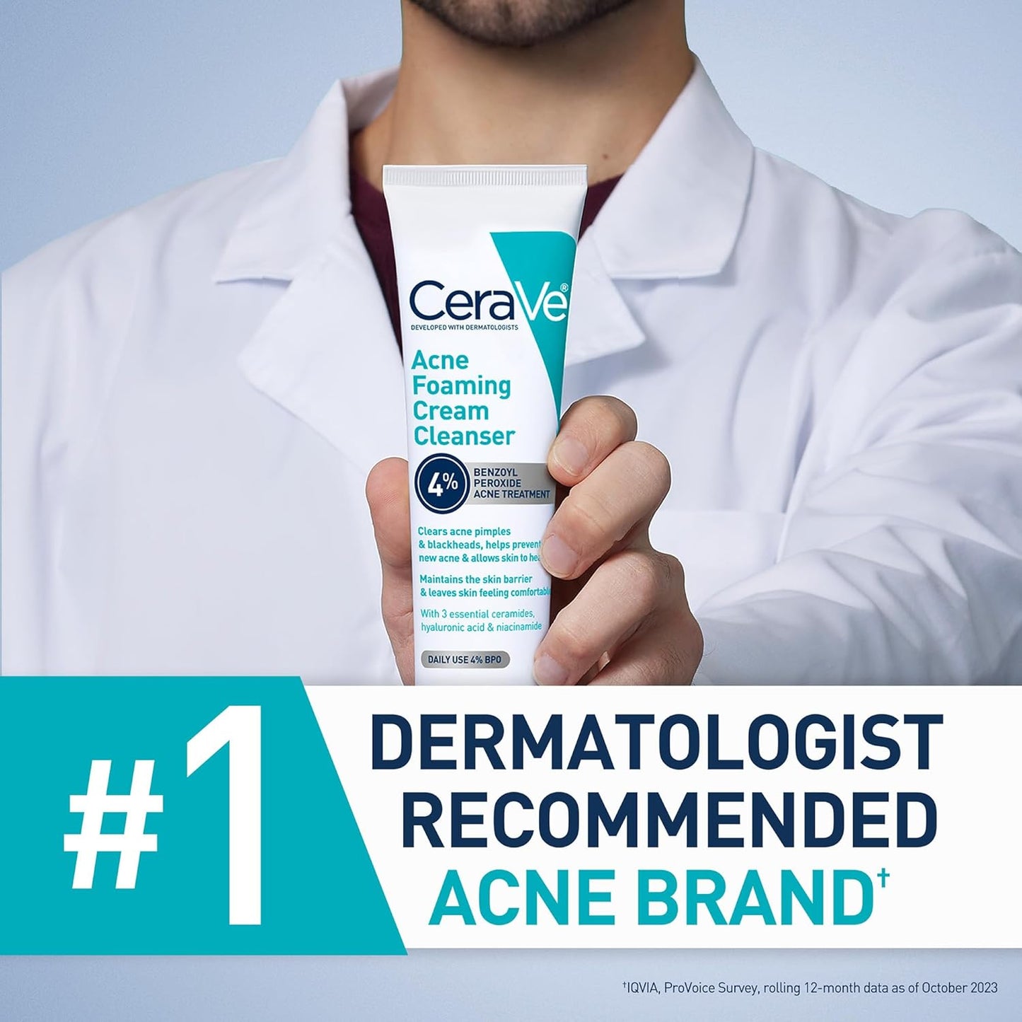 CeraVe acne foaming face wash in dermatologist's hand, featuring 4% Benzoyl Peroxide for acne treatment.