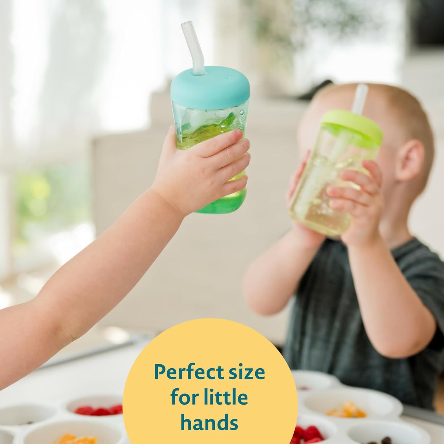 The First Years Squeeze & Sip Toddler Straw Cups - Squeezable Transition Sippy Cup with Silicone Straw - Toddler Feeding Supplies - Blue/Yelllow/Red - 7 Oz - 3 Count - Ages 6 Months and Up