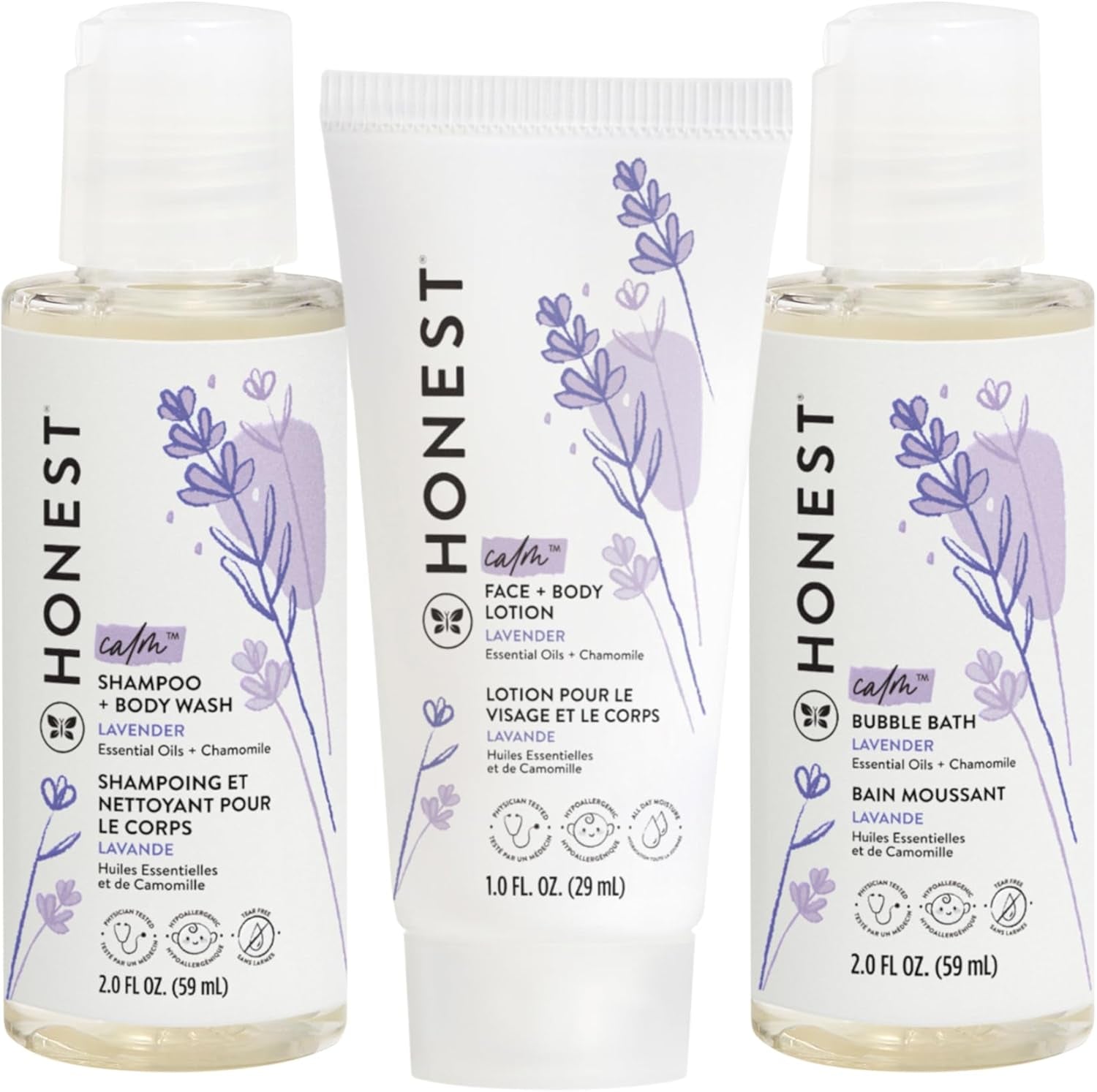 The Honest Company Babe'S Mini Must Haves Gift Set Travel Size Hypoallergenic Lavender Bathtime Essentials Shampoo Body Wash (2 Fl Oz) Face Lotion (1 Bubble Bath