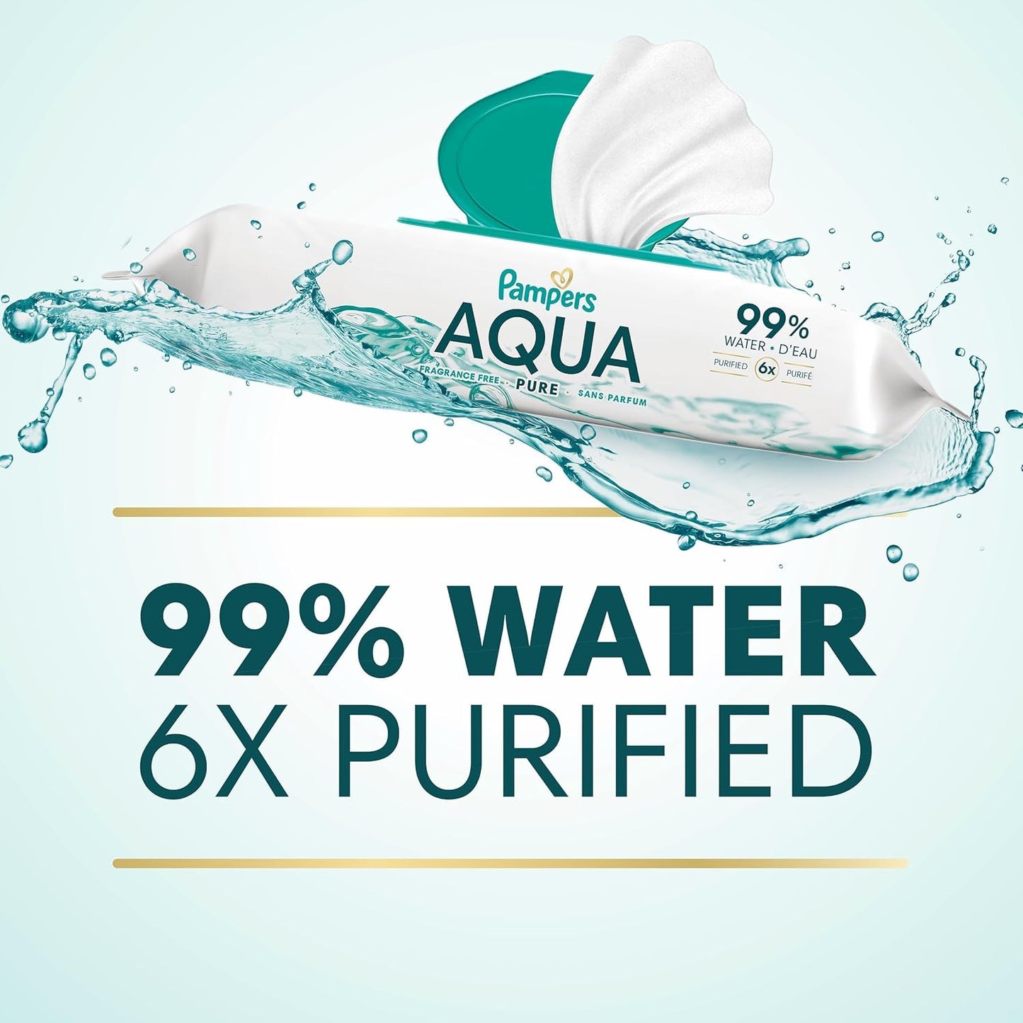 Pampers Aqua Pure Baby Wipes, 99% Water, Fragrance Free, Unscented, Water Based, Multi-Use, 336 Wipes Total (6X Flip-Top Packs) [Packaging May Vary]