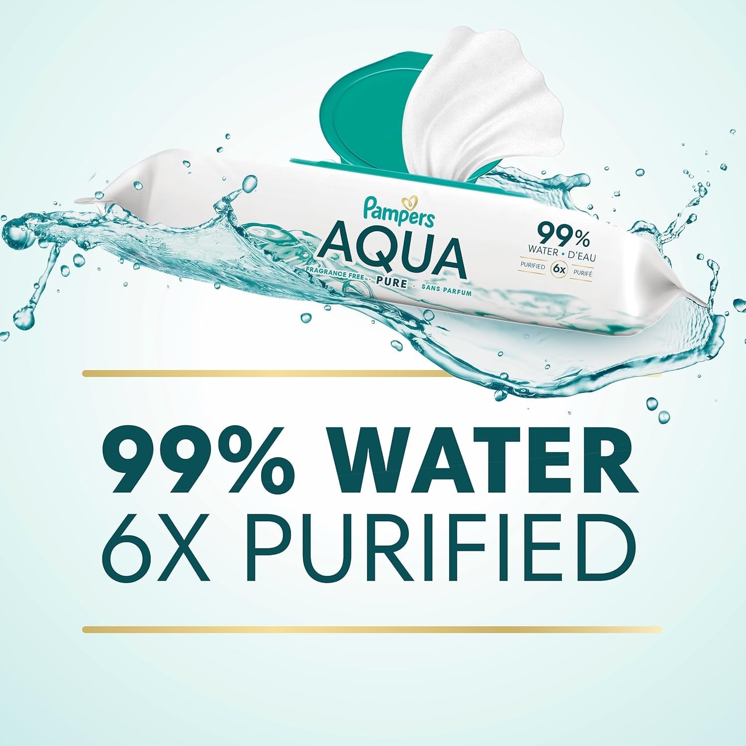 Pampers Aqua Pure Baby Wipes, 99% Water, Fragrance Free, Unscented, Water Based, Multi-Use, 336 Wipes Total (6X Flip-Top Packs) [Packaging May Vary]