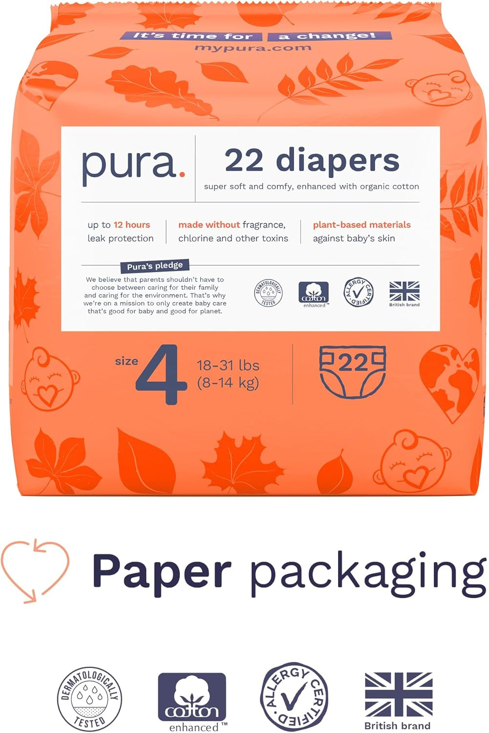 Pura Size 7 Eco-Friendly Diapers (33+Lbs) Totally Chlorine Free (TCF) Hypoallergenic, Soft Organic Cotton Comfort, Sustainable, up to 12 Hours Leak Protection, Allergy UK,1 Pack of 17 Diapers