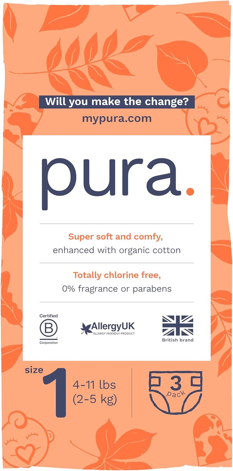 Pura Sensitive Skin Try Me Pack Baby Diapers Trial Pack, Size 1 (4–11 Lbs), Totally Chlorine Free, Wetness Indicator, Soft & Gentle, Overnight, Hypoallergenic, Plant-Based 3- Diaper Trial Pack