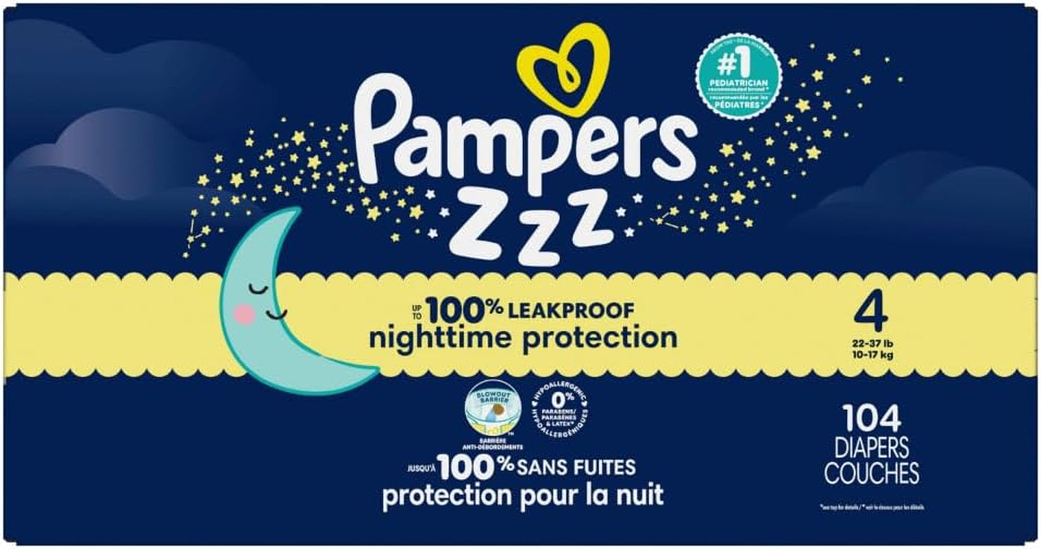 Pampers ZZZ Overnight Diapers, Size 4 (22-37 Lbs), 104 Count, Nighttime Protection Disposable Baby Diaper, Night Time Leak and Skin Protection