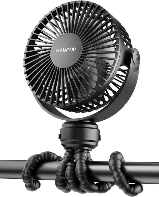 Gaiatop Mini Portable Stroller Fan, Battery Operated Small Clip On, Detachable 3 Speed Rechargeable, 360° Rotate Flexible Tripod Better Cooling for Car Seat Crib Treadmill Travel Black