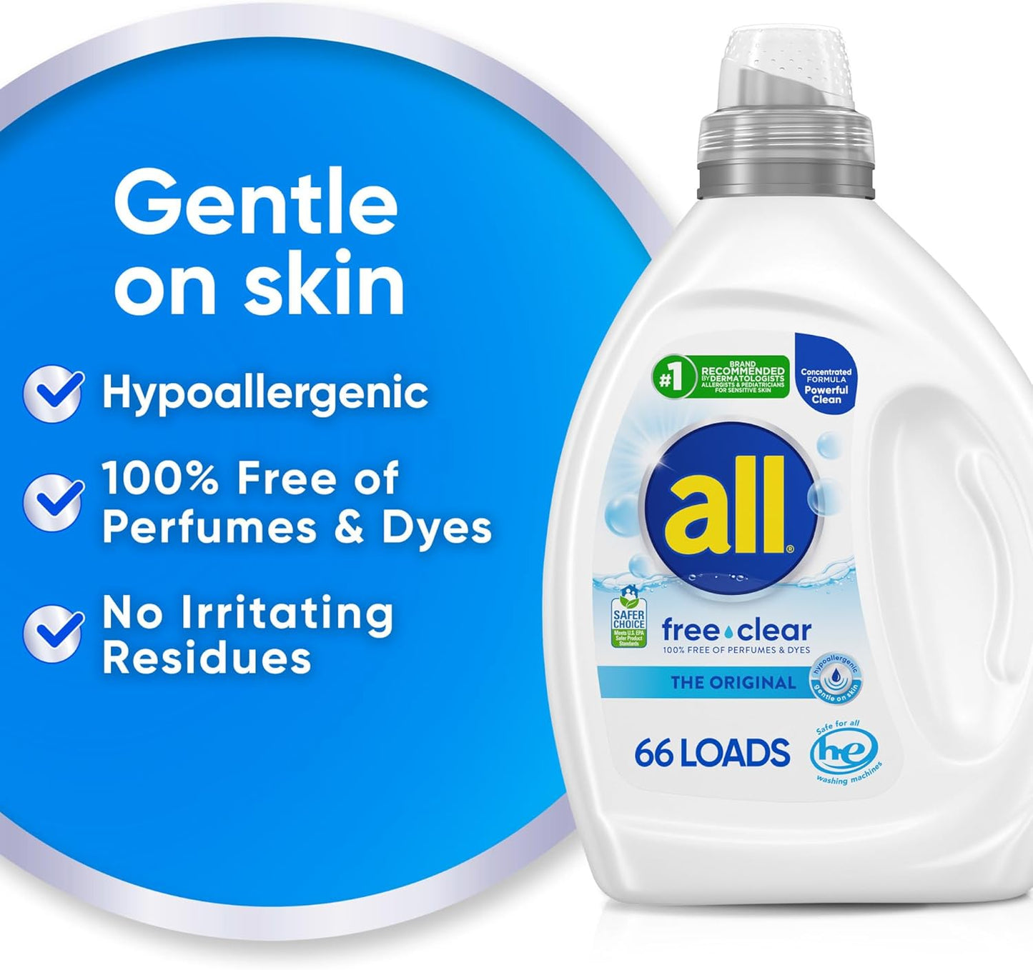 Free Clear, Original, Liquid Laundry Detergent for Sensitive Skin, Unscented and Hypoergenic, Concentrated, 50Oz, 66 Loads