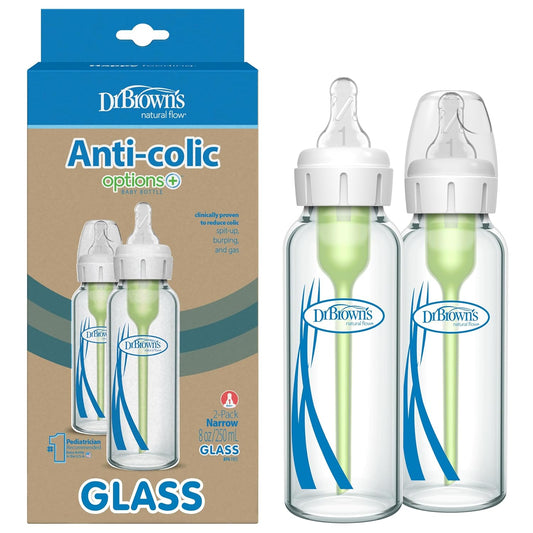 Dr. Brown'S Anti-Colic Options+ Narrow Glass Baby Bottle with Level 1 Slow Flow Nipple, Bpa-Free, 8 Oz/250 Ml, 0M+, 2-Pack (Packaging May Vary)