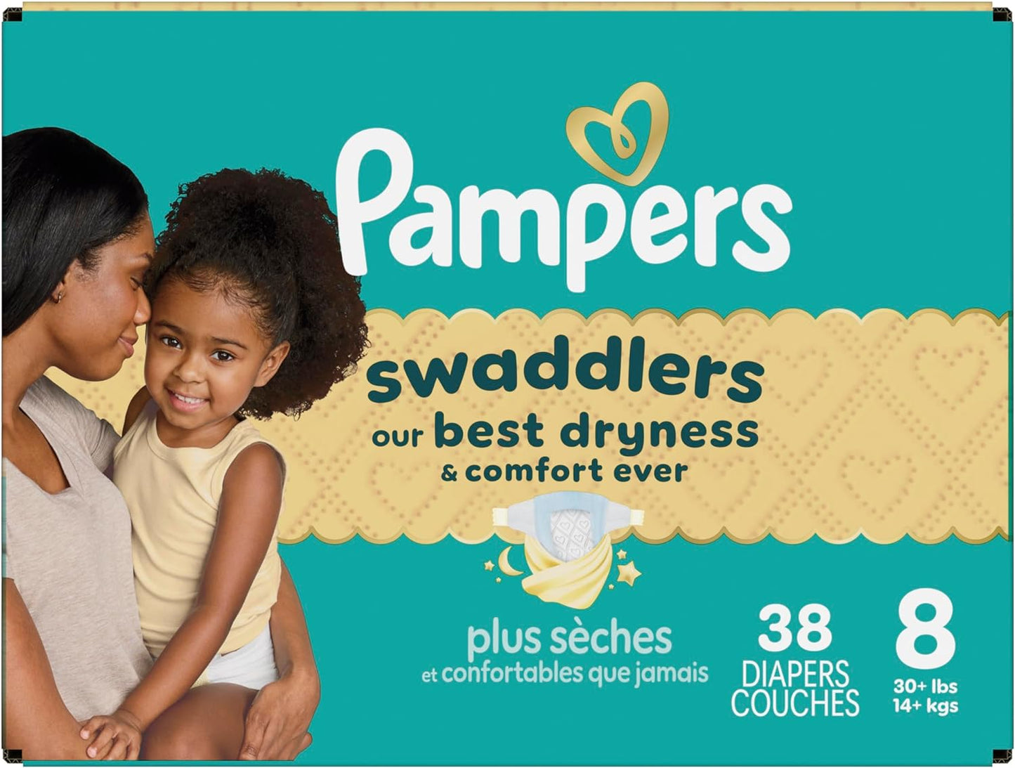 Pampers Swaddlers Diapers, Size 8 (30+ Lbs), 38 Count, Absorbent, Keeps Baby Dry and Comfortable, Skin Safe Disposable Baby Diaper (Packaging May Vary)